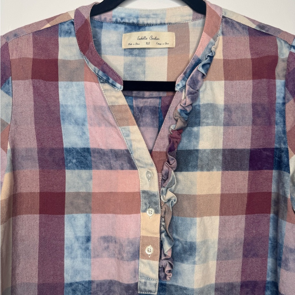 Isabella Sinclair by Anthropologie Plaid Ruffle Button Down top cottage boho - Picture 4 of 8
